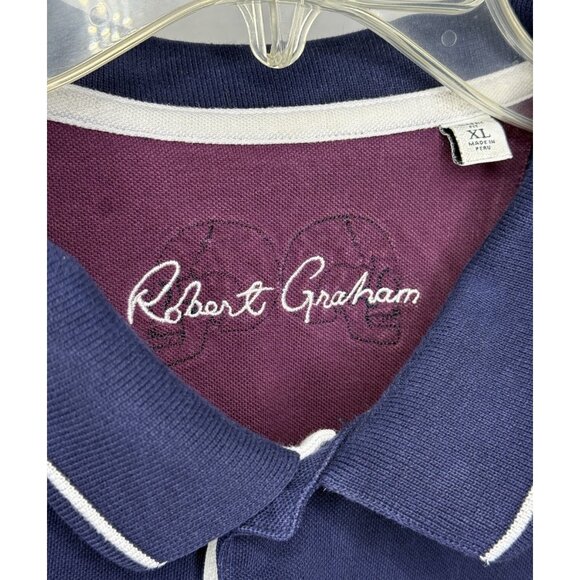 Robert Graham Men XL Short Sleeve Navy Blue Polo Shirt Classic Fit Tipped Collar - Picture 2 of 5